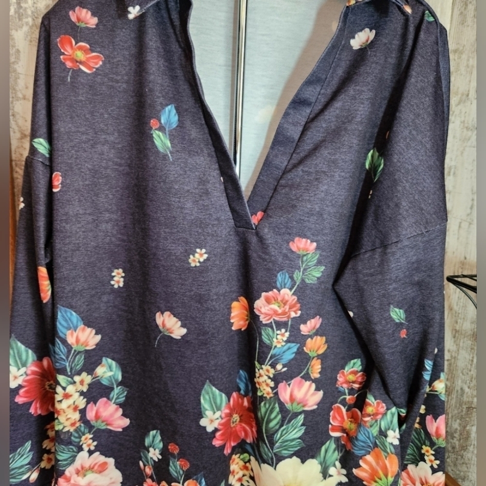 Floral Navy V-Neck Long Sleeve Womens Sheilay Shirt Top